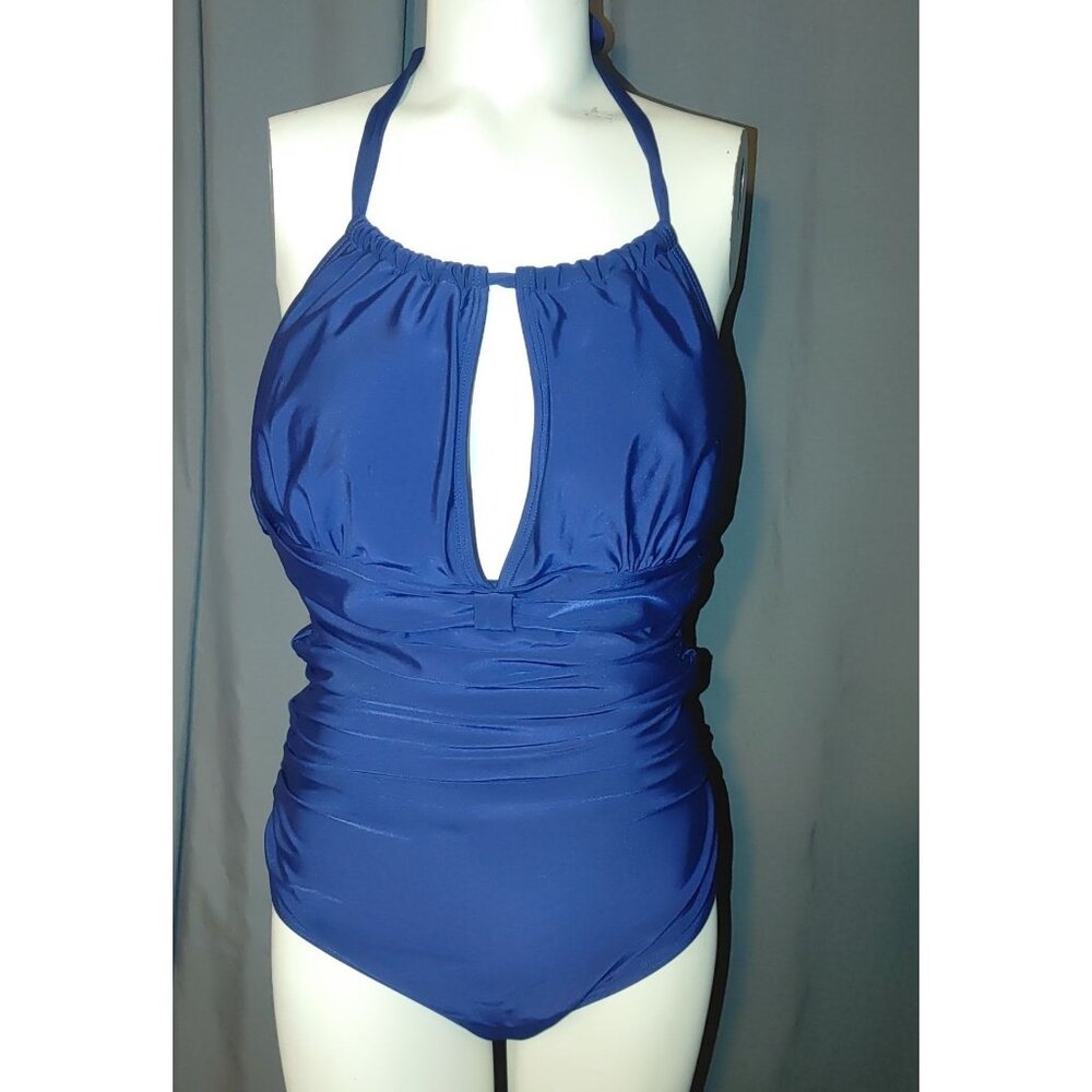 One-Piece XL Swimsuit Navy Blue Halter Top Tummy Control  Polyester Spandex